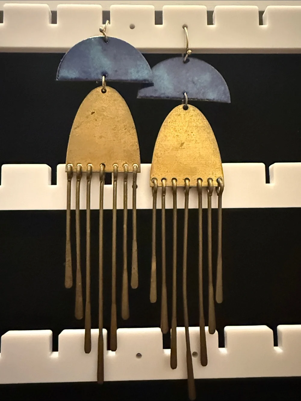 Brushed Gold and Blue Fringe Statement Earrings